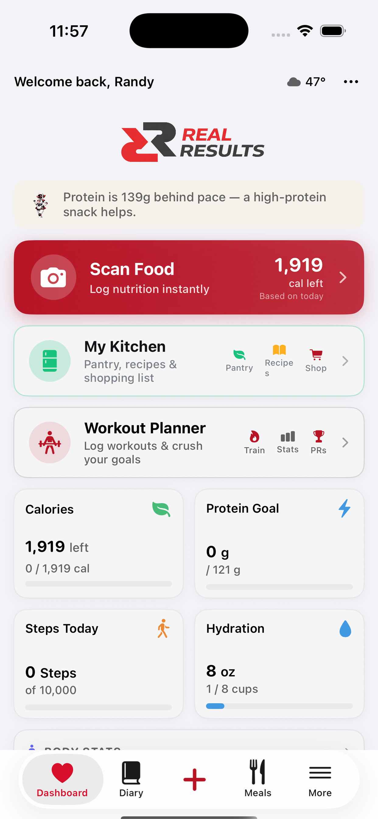 Real Results AI app showing instant food photo logging