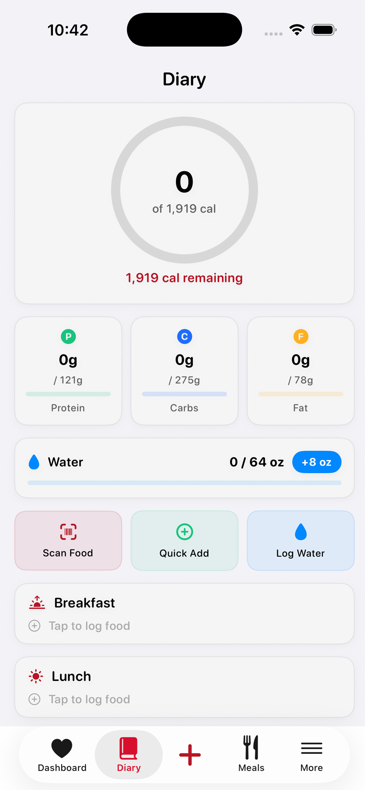 Food diary showing AI-logged meals with instant calorie and macro breakdown