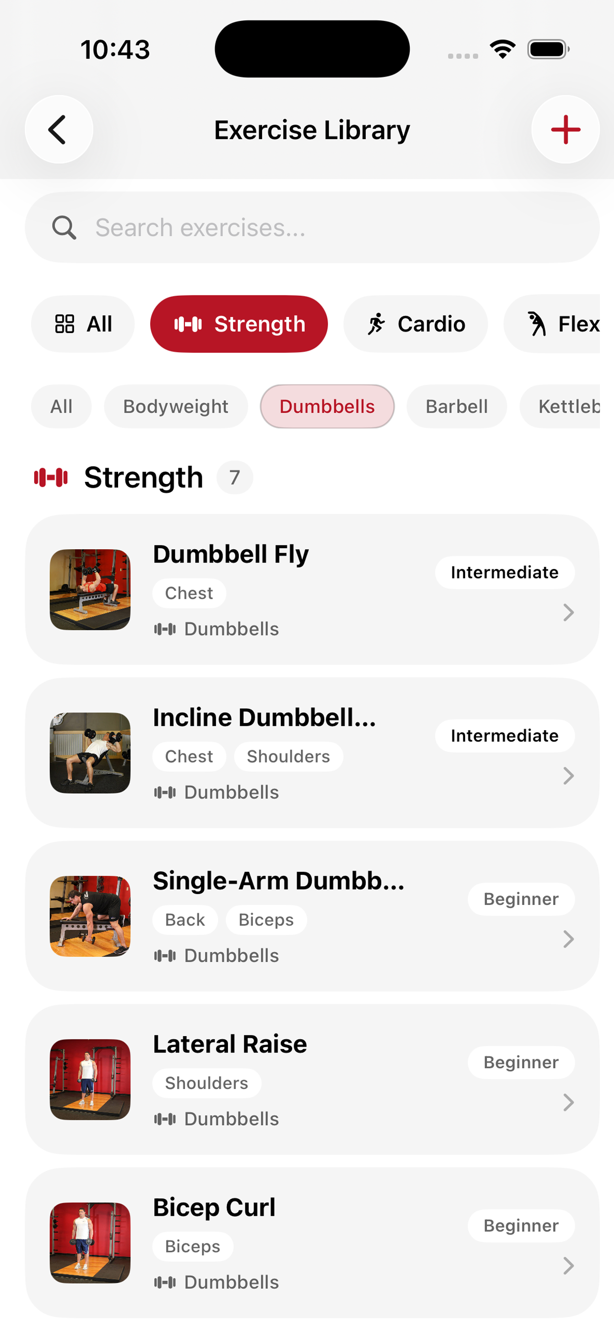 Exercise Library — 40+ exercises with categories and filters
